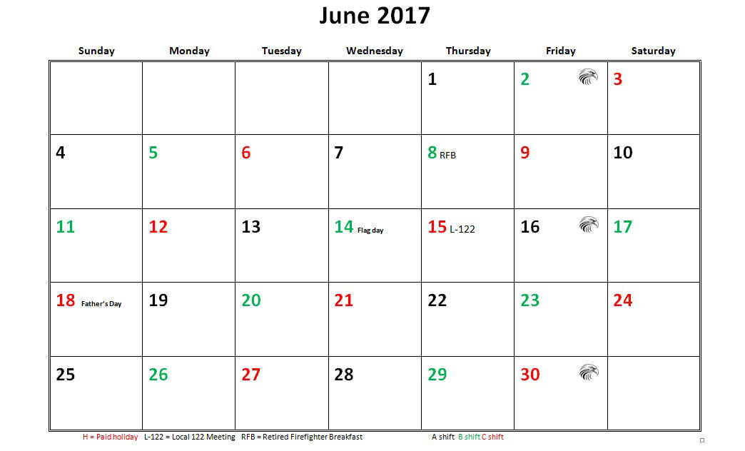 JFRD 56 Hour Firefighter Shift Calendar 2017