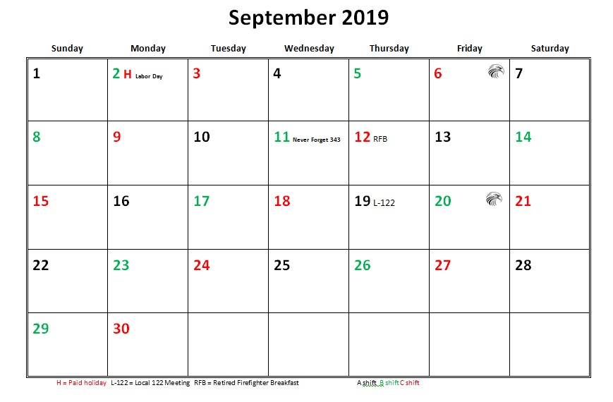 JFRD 56 Hour Firefighter Shift Calendar 2019